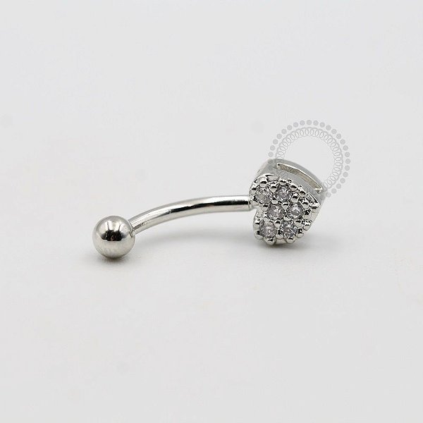 BN30 Navel Piercing Coração Cravejado Pedra Zirconia Ródio