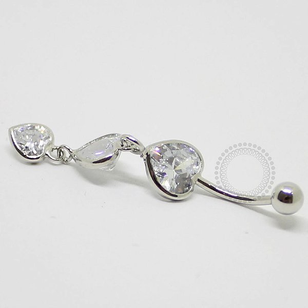 BN31 Navel Piercing Pingente 3 Corações Pedra Zirconia Ródio