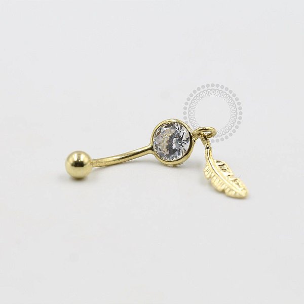 BN11 Navel Piercing Pedra Cristal Pingente Pena Banho Ouro 18K