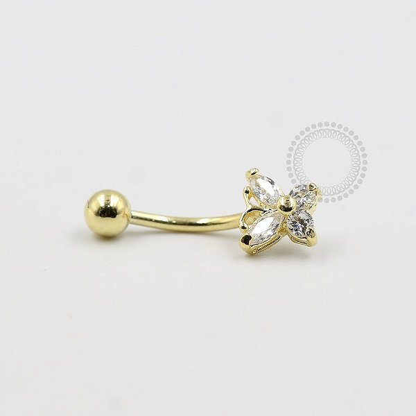 BN12 Navel Piercing Borboleta Pedra Zirconia Banho Ouro 18K