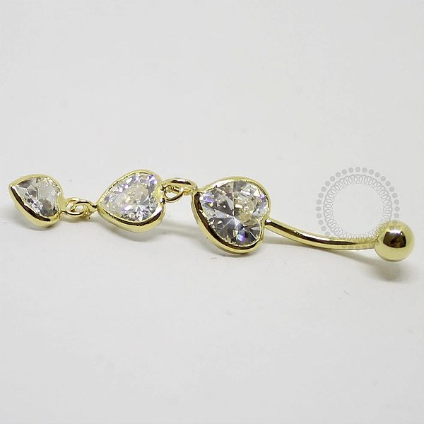 BN13 Navel Piercing Pingente 3 Corações Pedra Zirconia Banho Ouro 18K