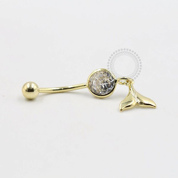 BN14 Navel Piercing Pedra Cristal Pingente Calda Sereia Banho Ouro 18K