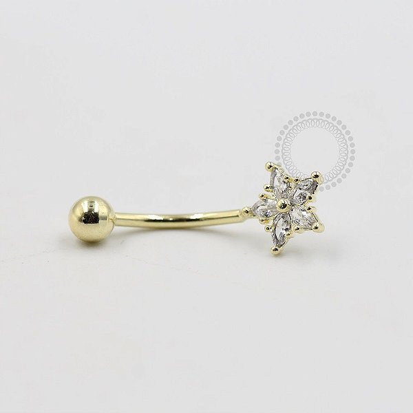 BN18 Navel Piercing Flor Pedra Zirconia Banho Ouro 18K