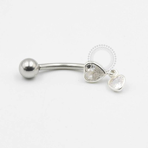 PR19 Navel pingente 2 corações zirconia Prata 925 haste aço