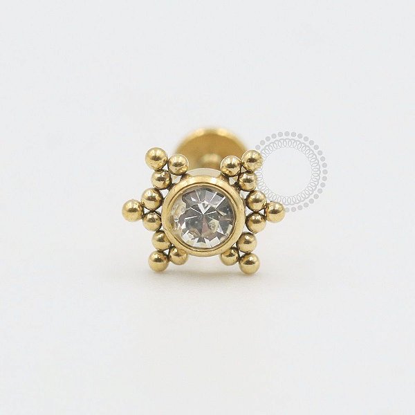 PVD64 Labret 1 Stone Strass Colado Com Esferas Aço PVD Gold