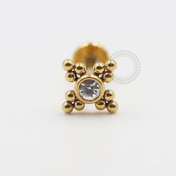PVD70 Labret 1 Pedra Strass Colado Com Esferas Aço PVD Gold