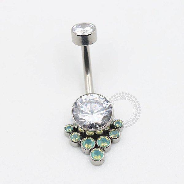 TN418 Navel Piercing Flat 7 Pedras Zirconias / Opalite Green