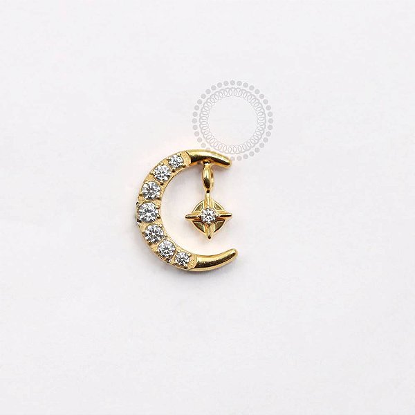TN914 Topo Lua Cravejado Com Adereço Estrela Titânio PVD Gold
