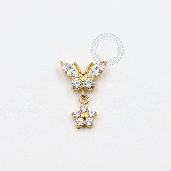 TN964 Topo Borboleta Cravejada Com Pingente De Flor Titânio PVD Gold