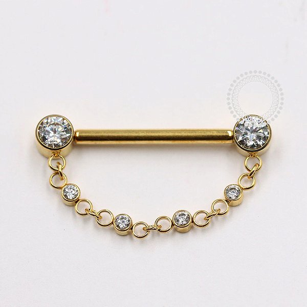 TN1119 Nipple Jewelry CZ Flat Com Corrente Push Pin Titânio PVD Gold