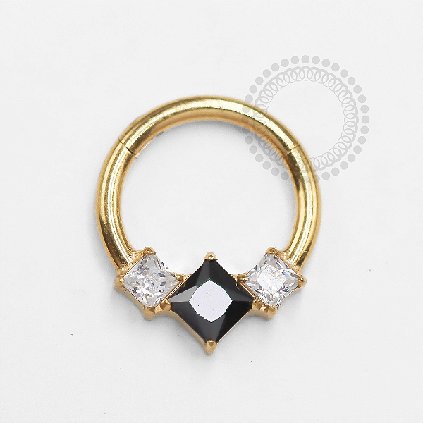 TN1313 Segmento Pedras Zircônias Black E Cristal Titânio PVD Gold