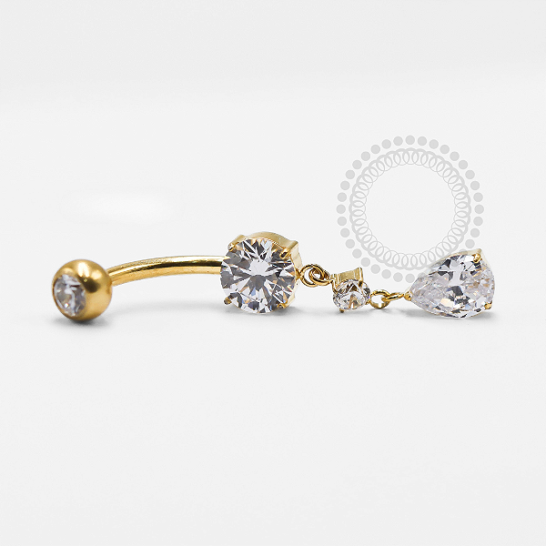 TN1317 Navel Cristal Com Pingente De Gota Titânio PVD Gold