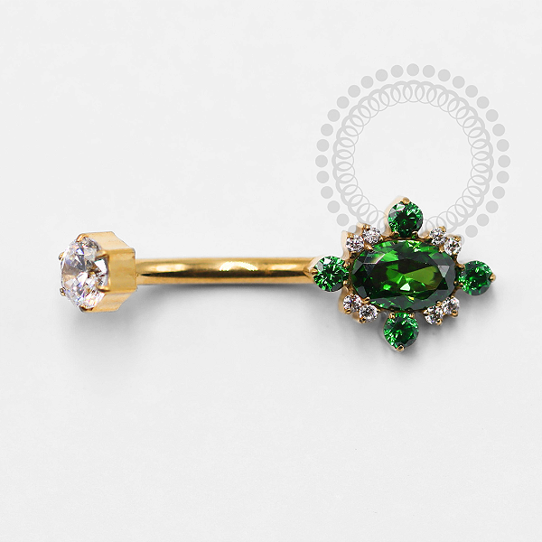 TN1346 Navel Zircônia Lapidada Verde Esmeralda Titânio PVD Gold