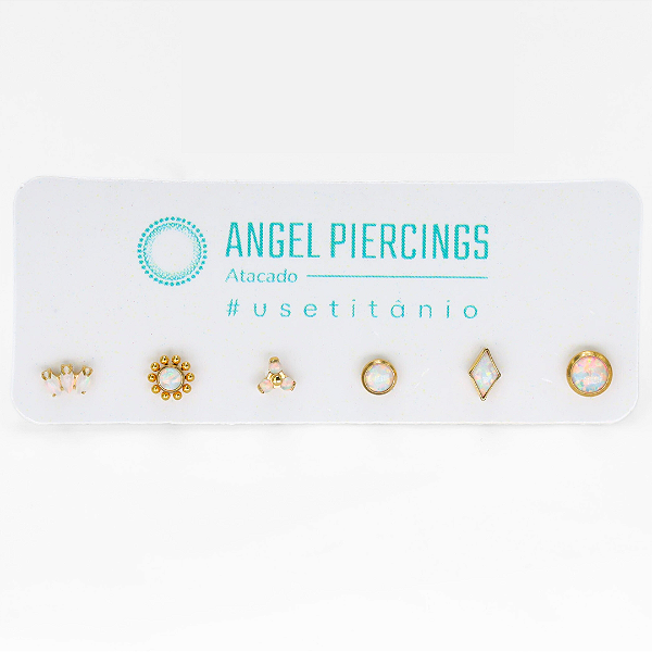KIT20 Topos Pedras Opalas Brancas Titânio PVD Gold