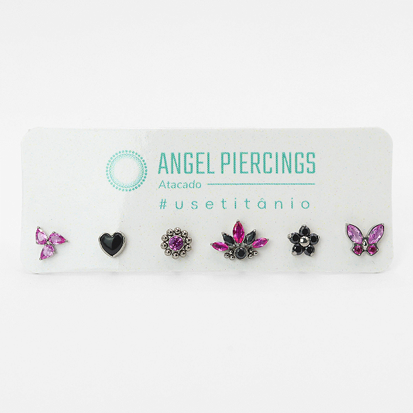 KIT50 Labrets Zircônias Rosas E Black Titânio ASTM F-136