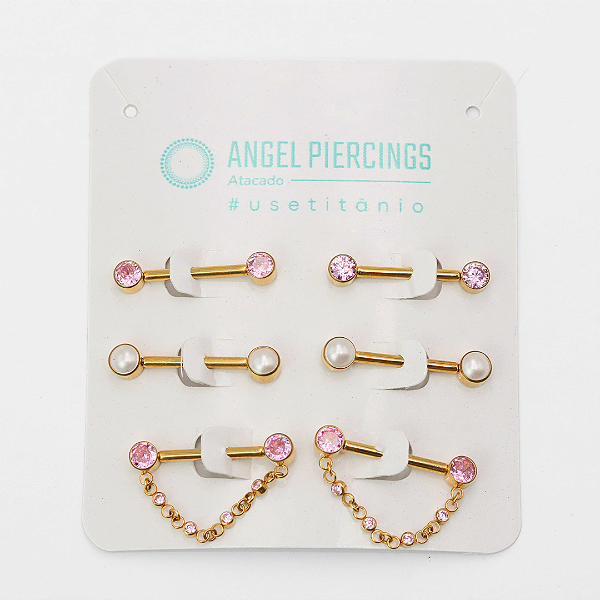 KOR08 Kit Nipple Rosa E Pérola Titânio PVD Gold