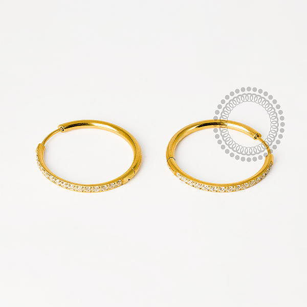 TN1908 Par De Brincos Cravejados 20mm Titânio PVD Gold