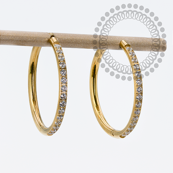 TN1908 Par De Brincos Cravejados 20mm Titânio PVD Gold