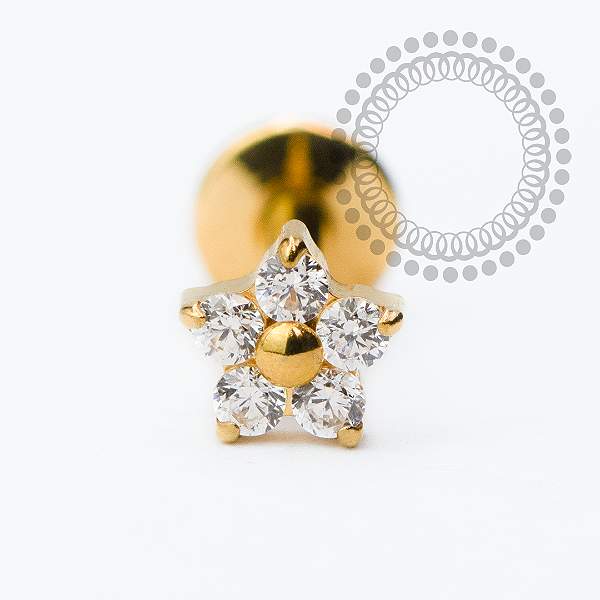 PVD127 Labret Mini Flor CZ Aço PVD Gold