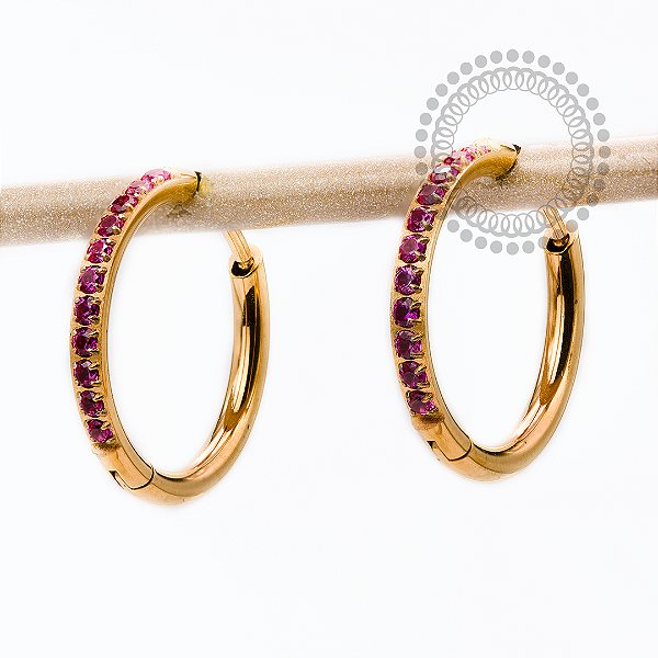 TN2531 Brincos Argola CZ Rubi 14mm Titânio PVD Gold