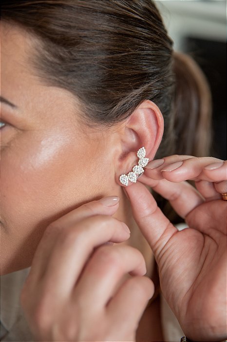 Brinco Ear Cuff Gotas Luxo - Banho de Ródio Branco