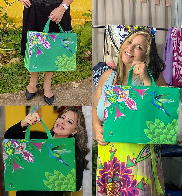 Bolsa Sacola De Mão Tecido Verde Beija Flor Azul  Forro Interno Feminina Reforçada Coloricasa