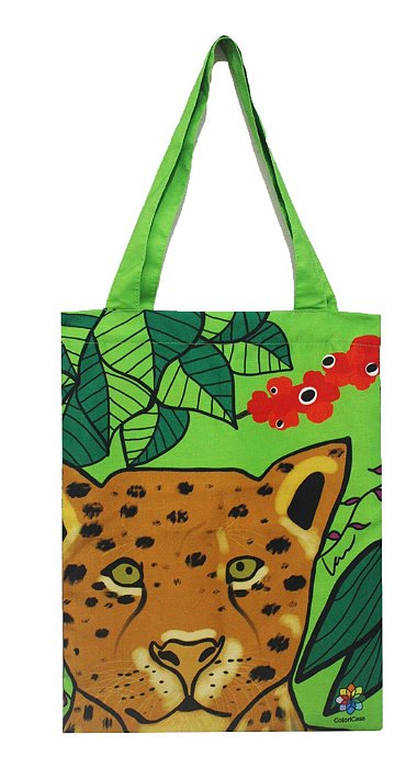 Bolsa Sacola Feminina De Mão EcoBag Tote Ombro Dobrável Forro Interno Reforçada Tecido verde Onça Natureza