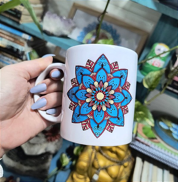 Caneca Porcelana Mandala Verde Rosa Conhecimento Branca Energias Positivas Coloricasa