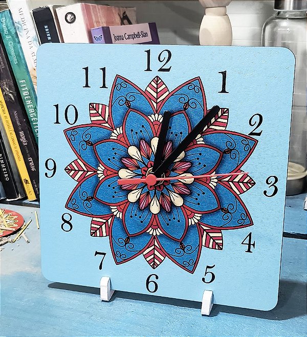 Relógio De Mesa Parede Analógico Mandala Azul Quadrado 20cm Exclusivo
