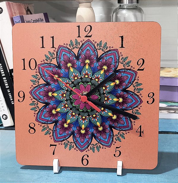 Relógio De Mesa Parede Analógico Mandala Flor Roxa Quadrado 20cm Exclusivo