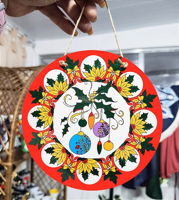 Placa Decorativa De Natal Vermelha Redonda 15x15xm Mdf Mandala Boas Energias Coloricasa