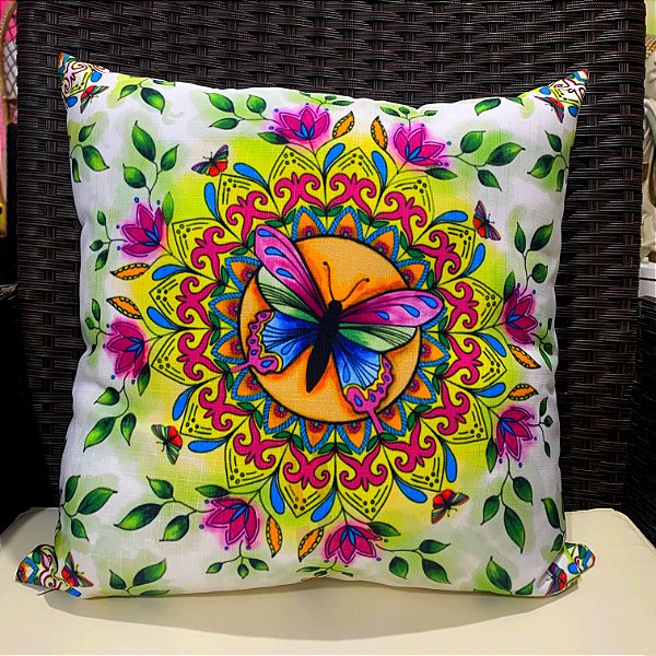 Almofada Cheia Confortável Branca Estampa de Borboleta Estilo Coloricasa 40x40
