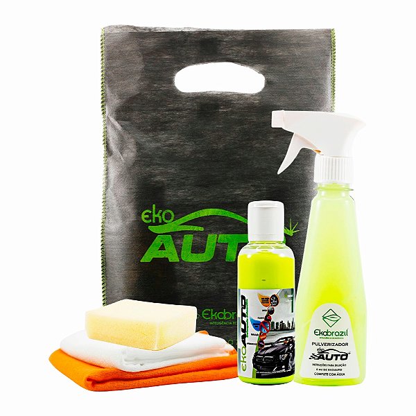 Kit Detergente Automotivo Biodegradável EkoAuto 120ml, Pulverizador, Flanela, Pano Branco e Esponja