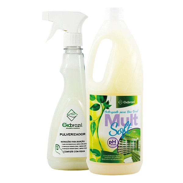 Kit Detergente pH Neutro Multiuso Ecológico Concentrado Mult Soft Ekobrazil 1L (RENDE ATÉ 100L) c/ Pulverizador 500ml