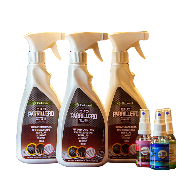 Desengordurante Biodegradável pH Neutro EkoParrillero 500ml para Grelhas, Churrasqueiras, Parrillas, Chapas, Inox - 3 Unidades + 3 Aromas de Brinde