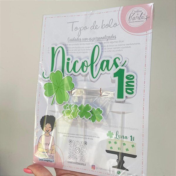 Topo de bolo trevo de 4 folhas personalizado