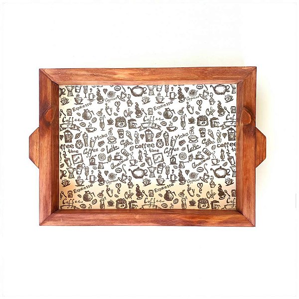 Bandeja Decorativa de Madeira com Alça | Estampa Café | 32,5 x 24 cm