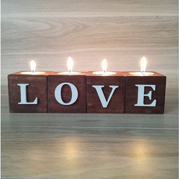 Porta Vela Cubo de Madeira Pinus 5x5 cm Palavra LOVE