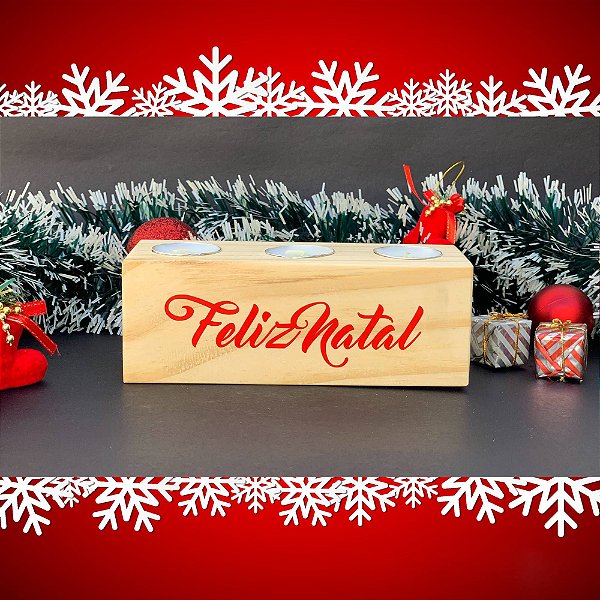 Porta Vela Castiçal Triplo de Madeira Pinus 5x5x15cm | Feliz Natal