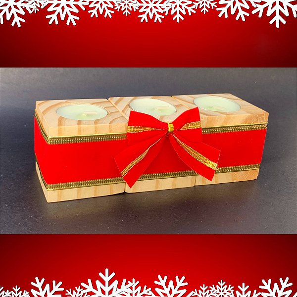 Porta Vela Castiçal de Madeira Pinus 5x5cm KIT c/ 3 | Laço Natalino