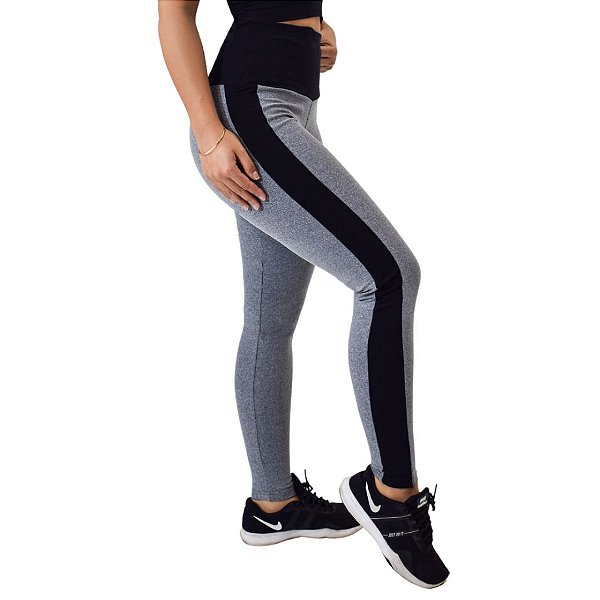 Calça Legging CINZA MESCLA com listras laterais PRETA