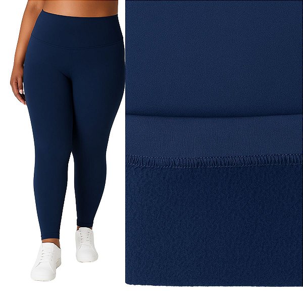 Calça Legging Peluciada Térmica Plus Size Suplex Flanelado Azul Marinho