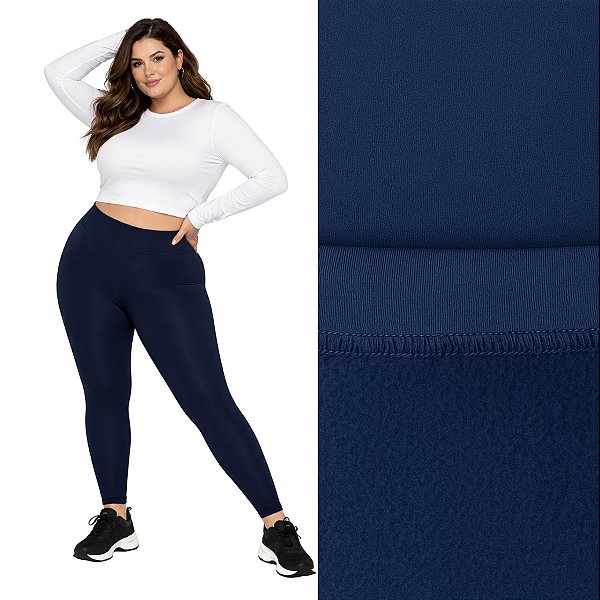 Calça Legging Peluciada Térmica Plus Size Suplex Flanelado Azul Marinho