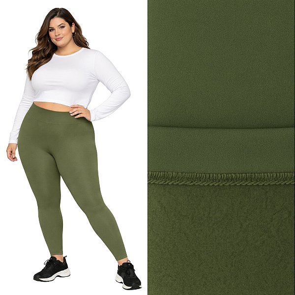 Calça Legging Peluciada Térmica Plus Size Suplex Flanelado Verde Musgo