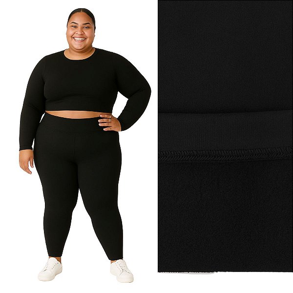 Calça Legging Peluciada Plus Size Tamanhos Especiais Suplex Flanelado Preto