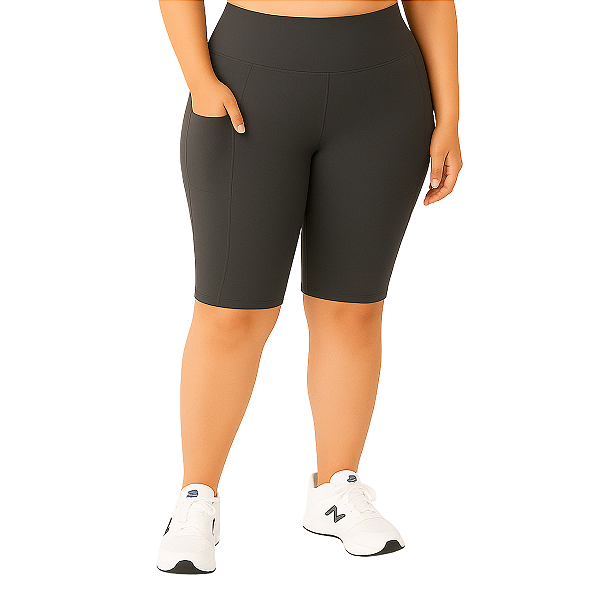 Bermuda Fitness Feminina Plus Size Com Bolsos Cinza Chumbo