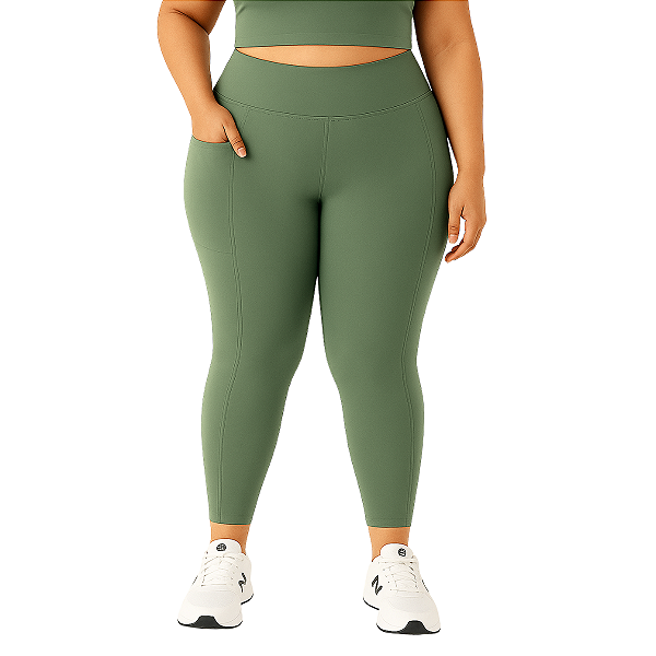 Calça Legging Feminina Plus Size Com Bolsos Verde Malva