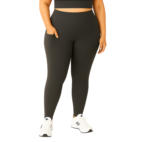 Calça Legging Feminina Plus Size Com Bolsos Cinza Chumbo