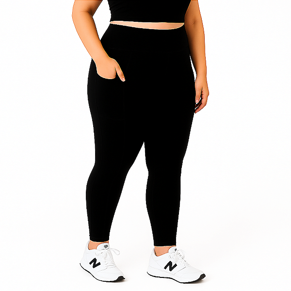 Calça Legging Feminina Plus Size Com Bolsos Preta