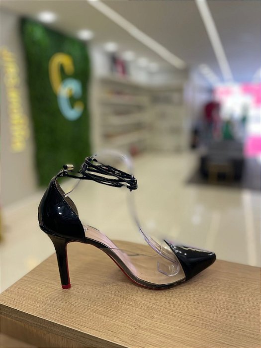 Scarpin Giseli Preto Salto Fino Transparência de Amarrar